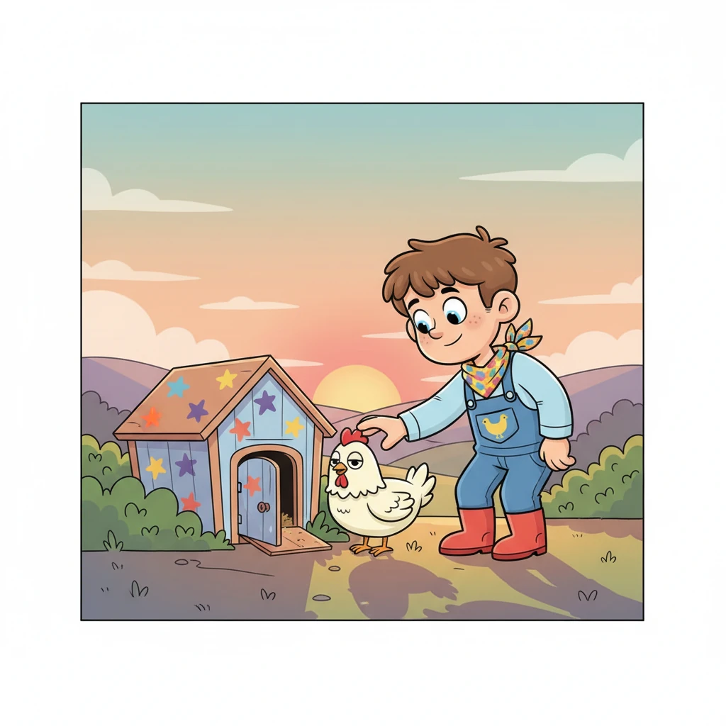 As evening approaches, Leo gently guides Clucky back to its cozy little coop, decorated with colorful painted stars. He gives Clucky a soft pat on its head, wishing it sweet dreams. The setting sun casts long, soft shadows, creating a peaceful, tender moment between the boy and his cherished pet.