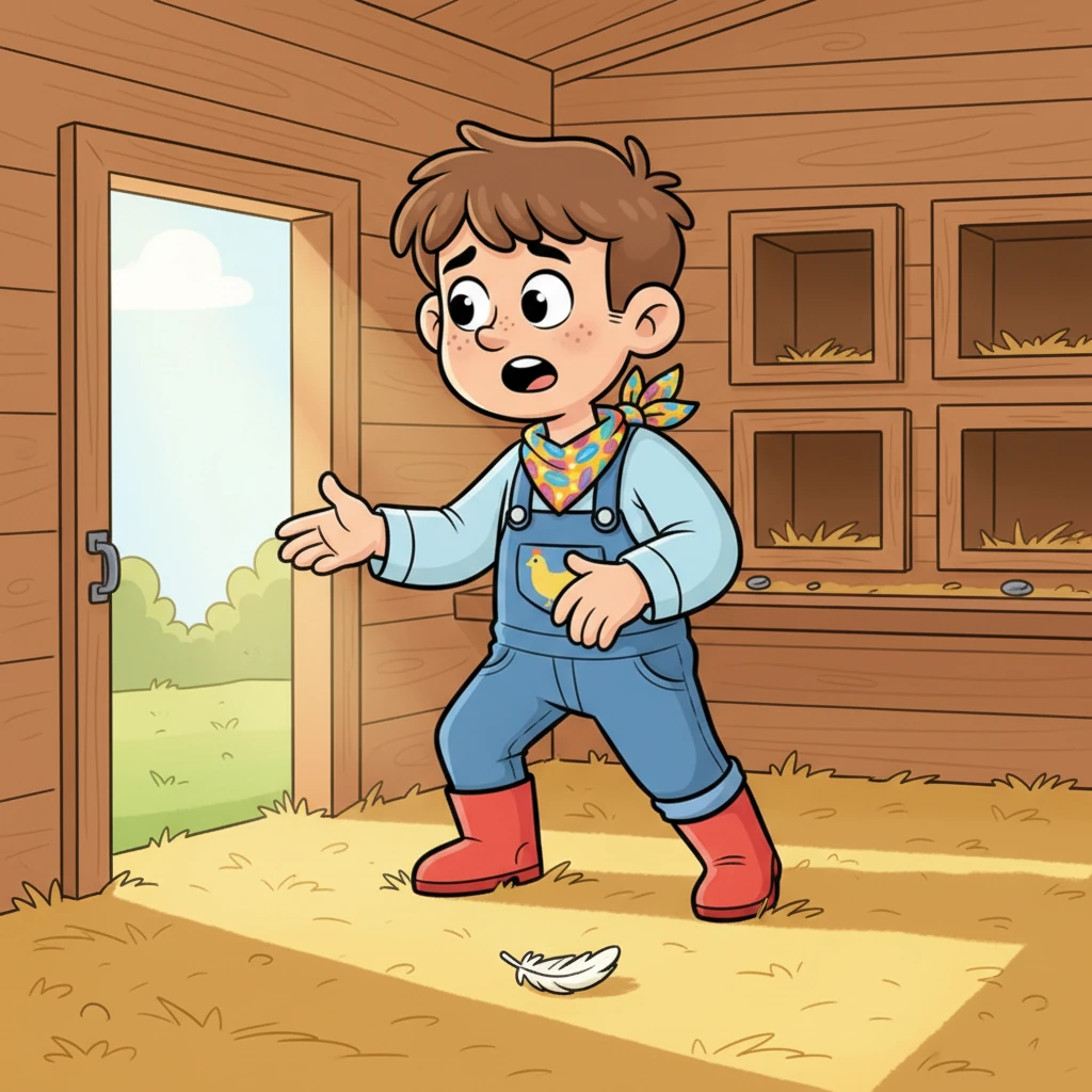 The next morning, a bright-eyed Leo rushes to the coop, eager to greet his friend, but finds it unexpectedly empty. He calls out Clucky's name, a small frown beginning to form on his usually cheerful face. A tiny feather lies on the ground, the only sign of his missing companion.