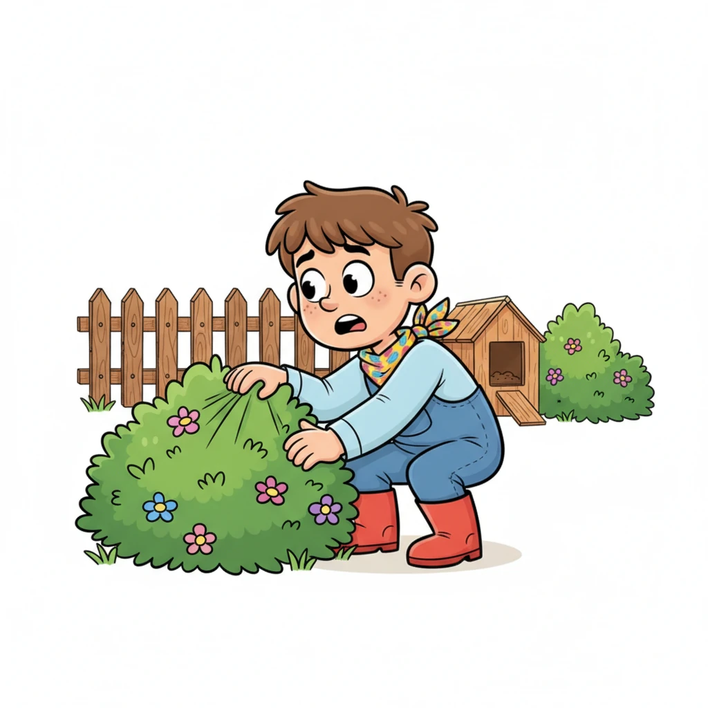 Leo searches everywhere, peeking under bushes, calling Clucky's name with growing urgency. His brow is furrowed with worry, and his heart starts to beat a little faster. He checks every corner of the yard, his bright smile now replaced with a look of confusion and concern.