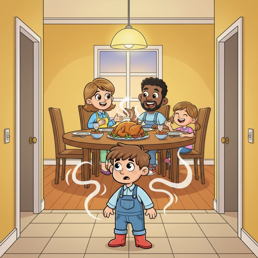 A delicious, savory aroma drifts from the kitchen, pulling Leo inside. He sees his family gathered around the big dining table, chattering happily. A steaming platter takes center stage, and a sense of unease begins to stir within Leo.