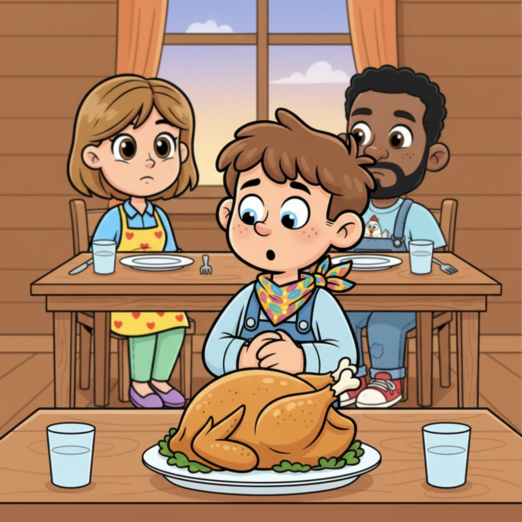 Leo's eyes land on the platter, and his breath catches in his throat. There, golden brown and perfectly roasted, is a chicken. It looks eerily familiar, especially a little feather tuft on its head. His playful spirit drains away, replaced by a cold, sinking feeling.