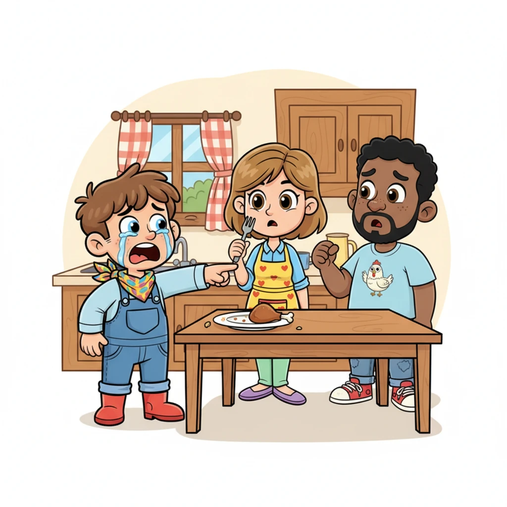 A wave of realization washes over Leo, his face crumpling in disbelief and heartbreak. Tears well up in his big, expressive eyes as he points a trembling finger at the table. "Clucky!" he wails, his voice a mix of shock and profound sadness, shouting, "Why did you eat him?!"