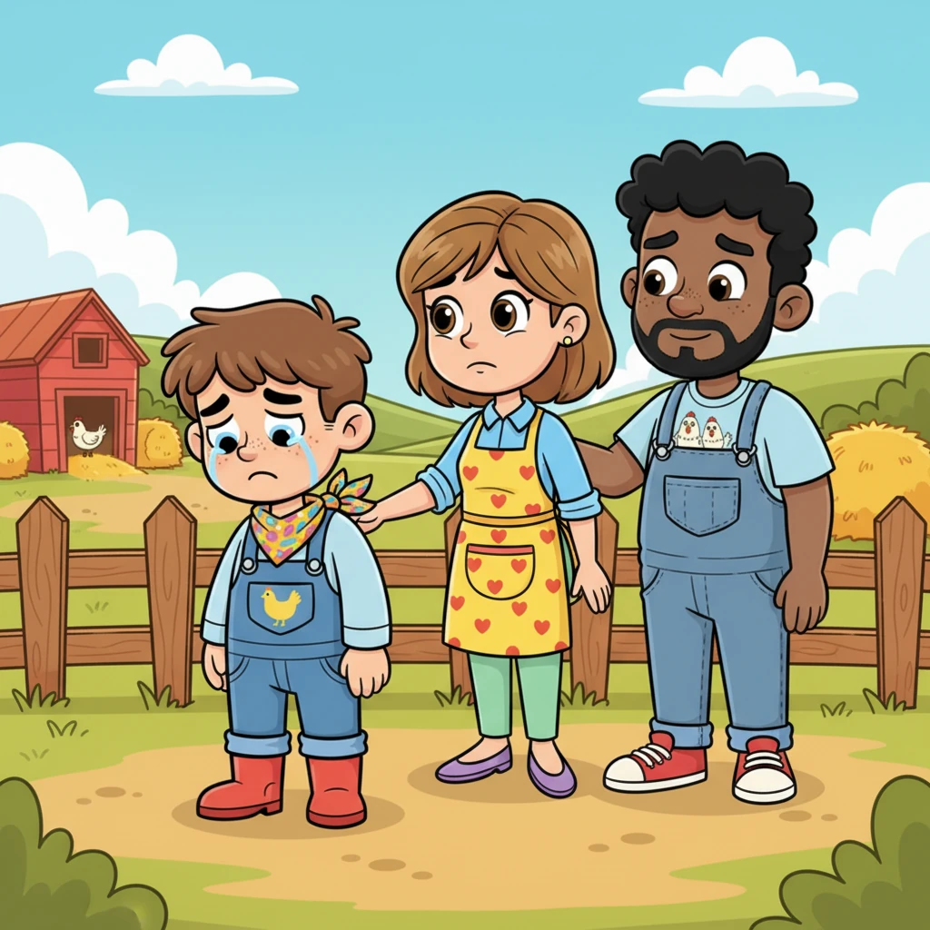 His parents look at him with a mix of sympathy and a touch of exasperation. "Oh, Leo," his mom sighs softly, "you played with him so much, we thought it was time." Leo stands there, heartbroken, the world feeling suddenly very different without his clucky best friend.