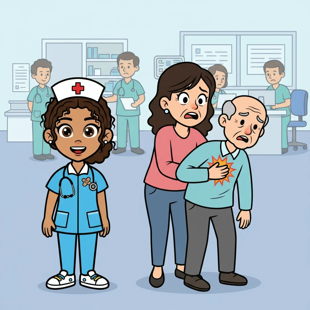 The emergency room buzzed with activity. Nurse Jordan, fresh into her shift, stood ready. Suddenly, a frantic wife rushed in, supporting her husband, Mr. Alvarez, who clutched his chest, his face pale with pain.