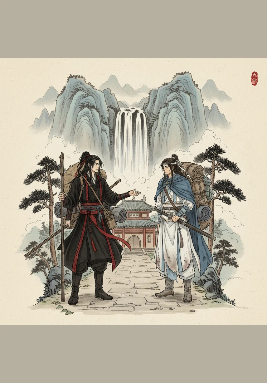 The weary travelers arrive at a secluded riverside inn just as the sun dips below the horizon, casting long shadows across the wooden porch. Wei Wuxian laughs heartily, his steps slightly uneven from the wine, while Lan Wangji supports him with a steady, protective hand.