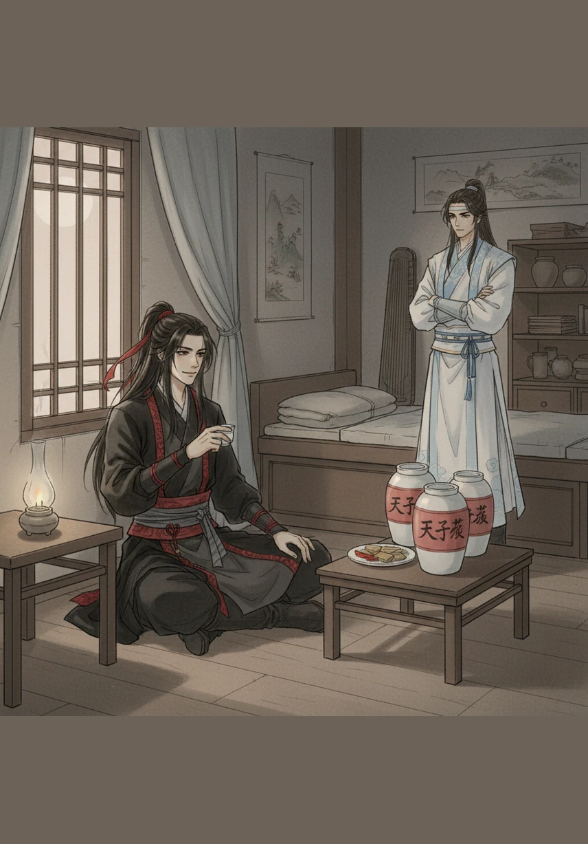 Inside their dimly lit room, the fragrance of sandalwood mingles with the sharp, sweet scent of Emperor's Smile. Wei Wuxian sits by the window, his eyes bright with mischief and intoxication as he watches the moon reflect in the depths of his porcelain cup.