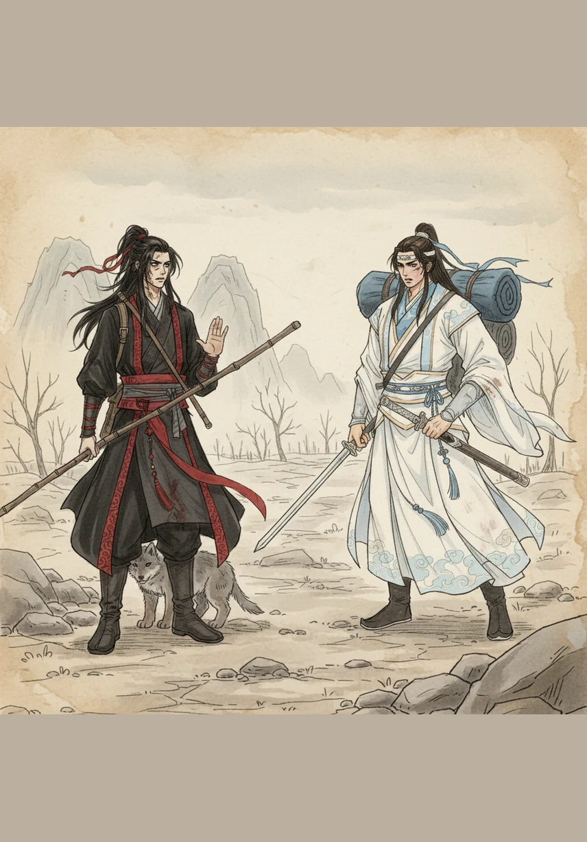 Lan Wangji approaches to gently take the wine jar away, but Wei Wuxian catches his sleeve, pulling him into the silver moonlight. The air between them grows heavy with unspoken words and the soft, flickering light of a single candle.