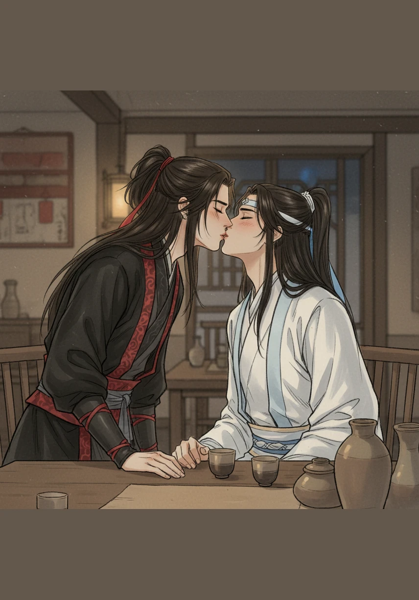 In a sudden surge of affection and drunken courage, Wei Wuxian leans forward and presses a soft, wine-sweetened kiss against Lan Wangji’s lips. The world outside the inn vanishes, leaving only the warmth of their breath and the frantic, rhythmic beating of their hearts.