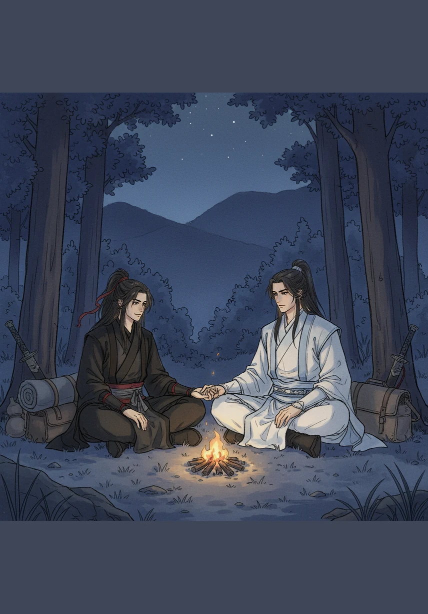 As the night deepens, the two rest together in the quiet shadows, the tension finally giving way to a profound sense of peace. Hand in hand, they find solace in each other's presence, knowing that some truths are best spoken in the silence of the soul.