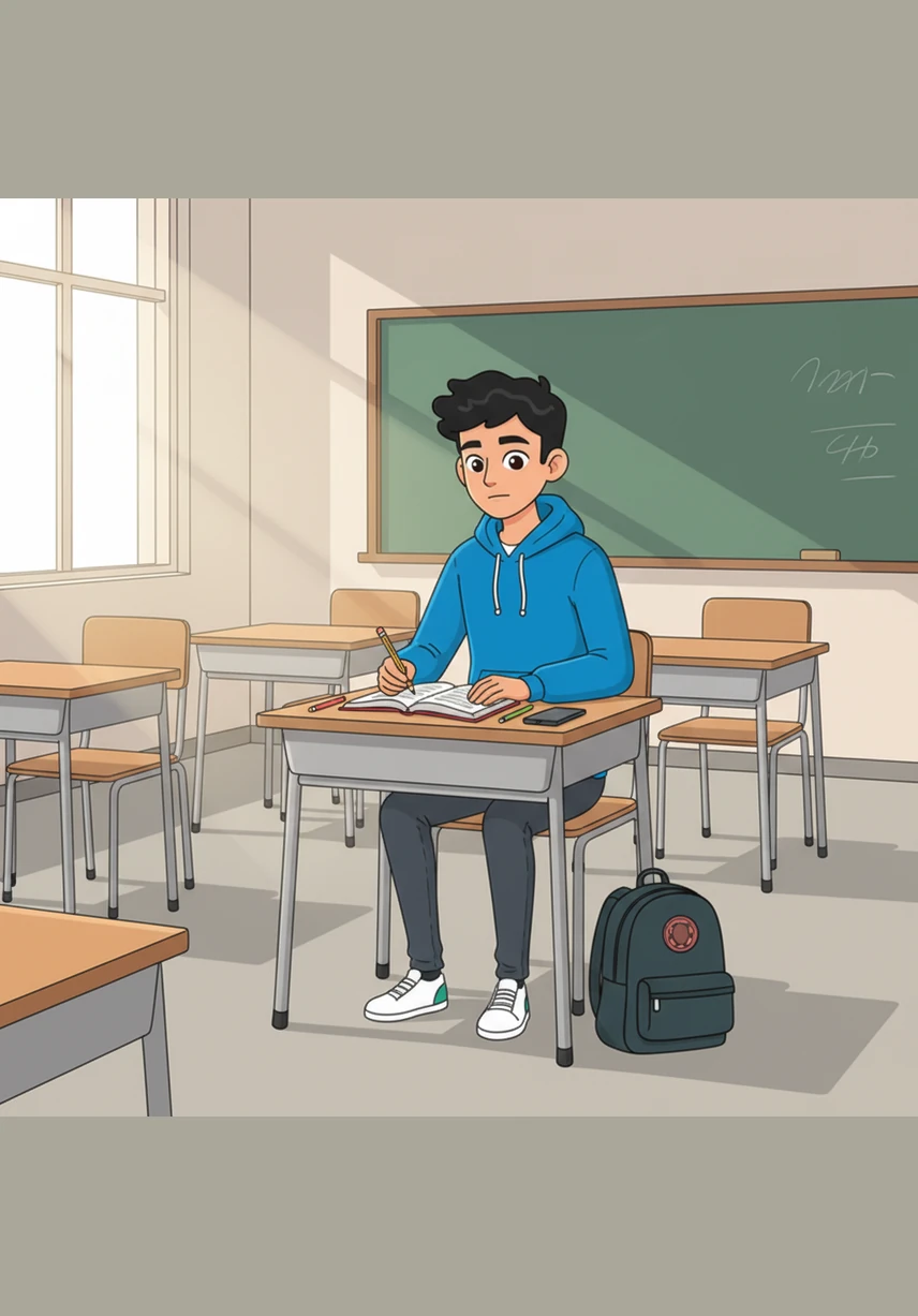 يجلس عمر في فصله الدراسي بالصف الأول الثانوي، وبينما يشرح المعلم الدرس، كان عمر يرسم شعارات مبتكرة في دفتره الصغير بشغف كبير. تلمع عيناه بذكاء وطموح يتجاوز حدود جدران المدرسة، حيث يرى في رسوماته مستقبلاً واعداً ينتظره.