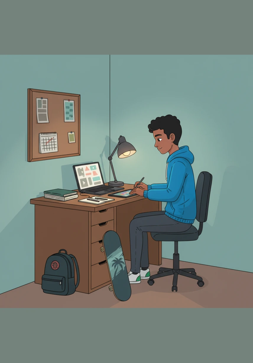 قرر عمر تحويل ركن صغير في غرفته إلى منطقة عمل مخصصة، حيث قام بترتيب مكتبه ووضع أدواته الفنية بعناية فائقة. وضع لمسة جمالية على المكان بإضاءة هادئة، معلناً بداية رحلته الجادة في تعلم أسرار التصميم الرقمي.