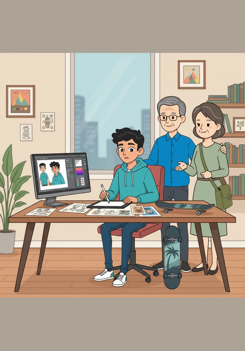 بقلب ينبض بالترقب، يقوم عمر بإنشاء ملفه الشخصي الأول على منصة عالمية للعمل الحر، رافعاً أفضل النماذج التي صممها خلال تدريبه. يكتب وصفاً لخدماته بكل صدق، معبراً عن شغفه بتقديم تصاميم فريدة تعبر عن هوية العملاء.