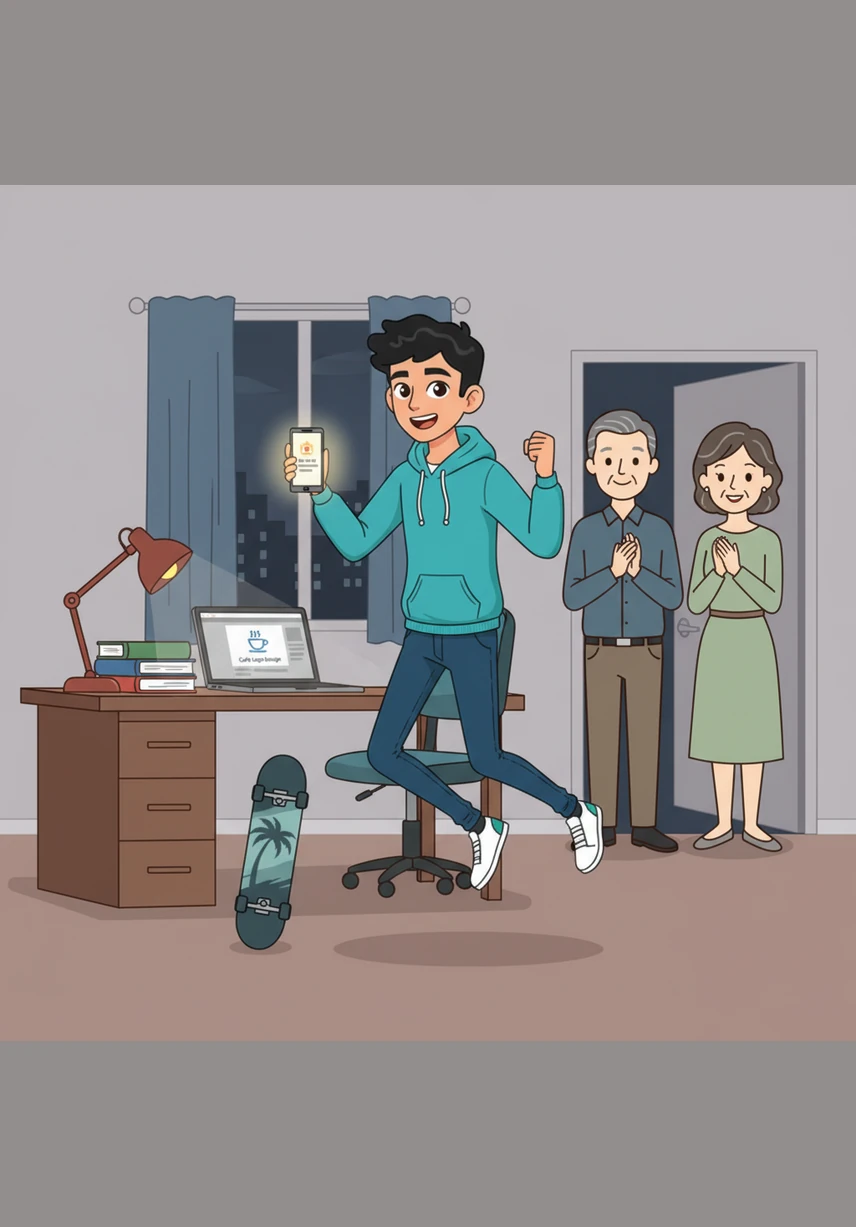 بينما كان يراجع دروسه، رن جرس التنبيه في هاتفه ليعلن عن وصول أول طلب رسمي لتصميم شعار لمقهى جديد. قفز عمر من مكانه فرحاً، فلم يصدق أن هناك من آمن بموهبته وقرر منحه الفرصة الأولى في هذا العالم الواسع.