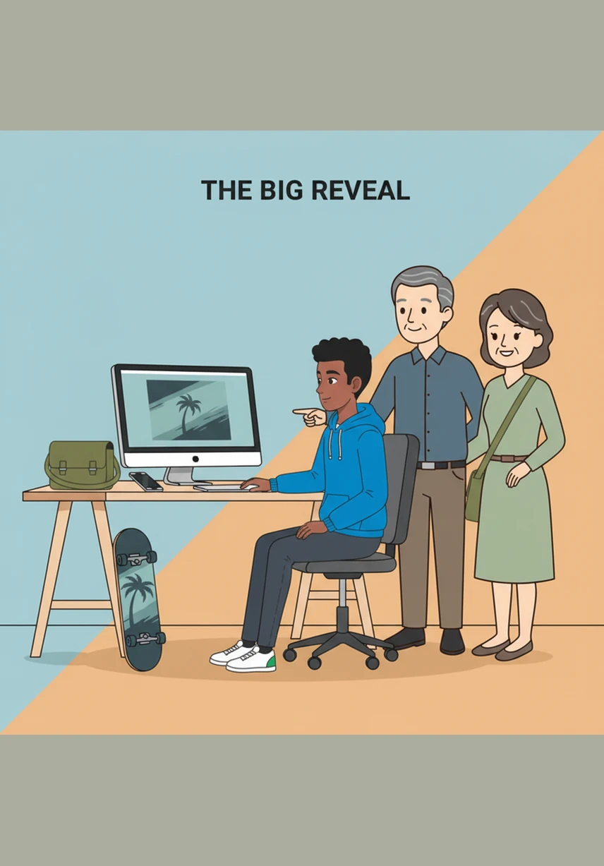 بعد أيام من البحث والإبداع، ضغط عمر على زر الإرسال لتسليم النسخة النهائية من الشعار للعميل. شعر بمزيج من التوتر والارتياح وهو يشاهد شريط التحميل يكتمل، آملاً أن ينال عمله الذي بذل فيه قصارى جهده إعجاب العميل.