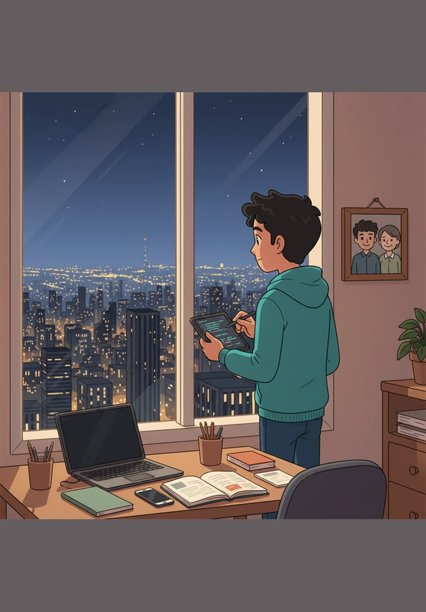 يقف عمر الآن عند نافذته ينظر إلى أفق المدينة المتلألئ، مدركاً أن الدراسة والعمل الحر هما جناحاه للطيران نحو النجاح. لقد أدرك أن العمر ليس عائقاً أمام الإبداع، وأن كل مهارة يتقنها اليوم هي حجر أساس لمستقبل مشرق بناه بيديه.