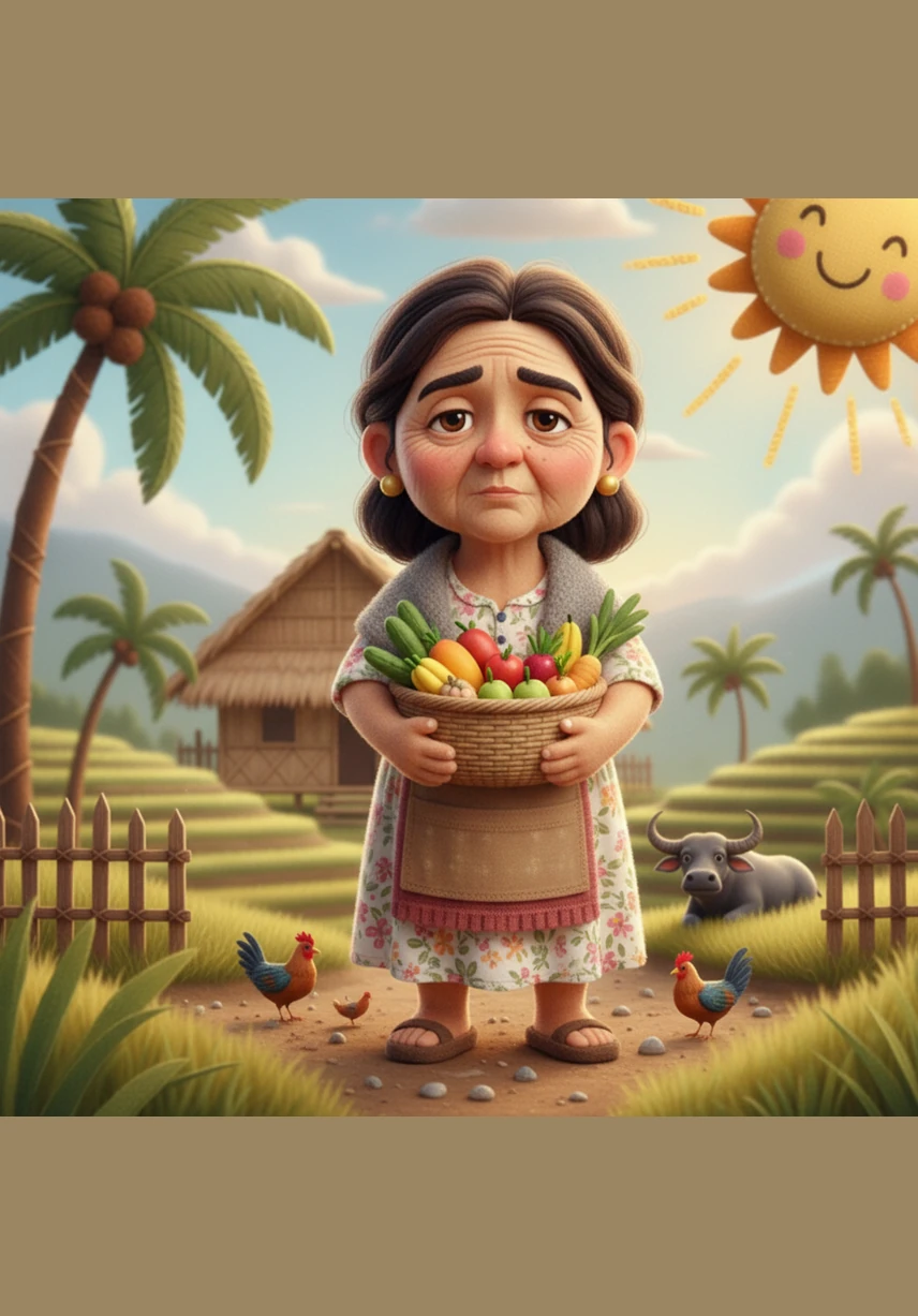 In a quiet Philippine province, the morning sun casts a golden glow over humble nipa huts and swaying coconut trees. A hardworking mother sweeps the y