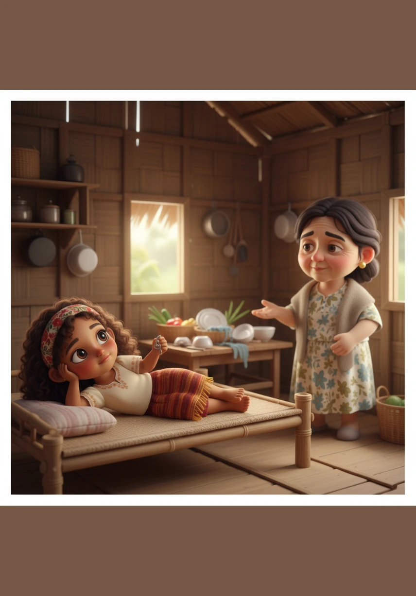 Inside their small home, young Pinang lounges lazily on a bamboo bed, ignoring her mother’s calls for help. She plays idly with a small trinket, her e