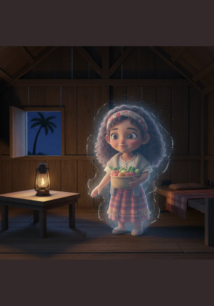 Suddenly, a supernatural wind swirls through the room and Pinang begins to glow with a faint, ethereal light. With a look of fear and a soft cry for h