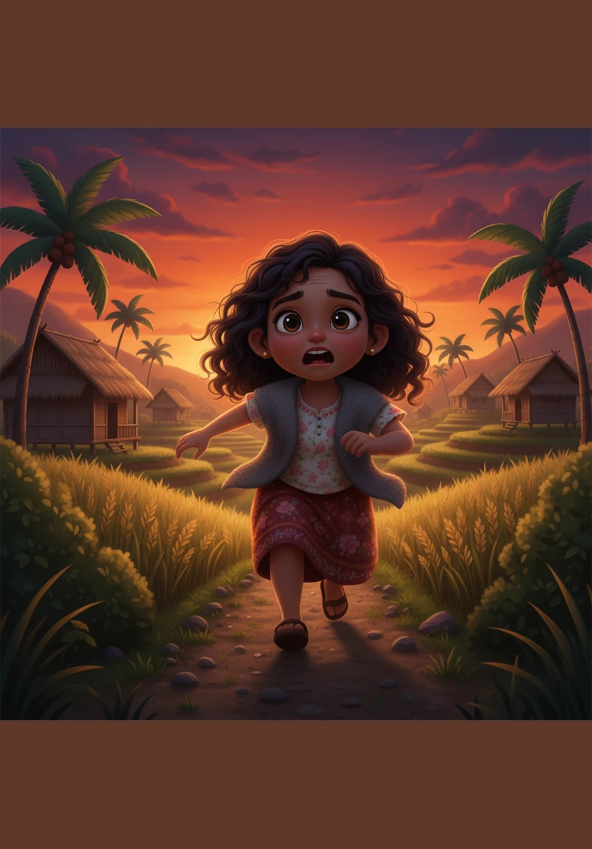 As the sun sets in shades of deep orange and purple, the mother runs through the rice fields and bushes, calling out her daughter's name in a panic. H