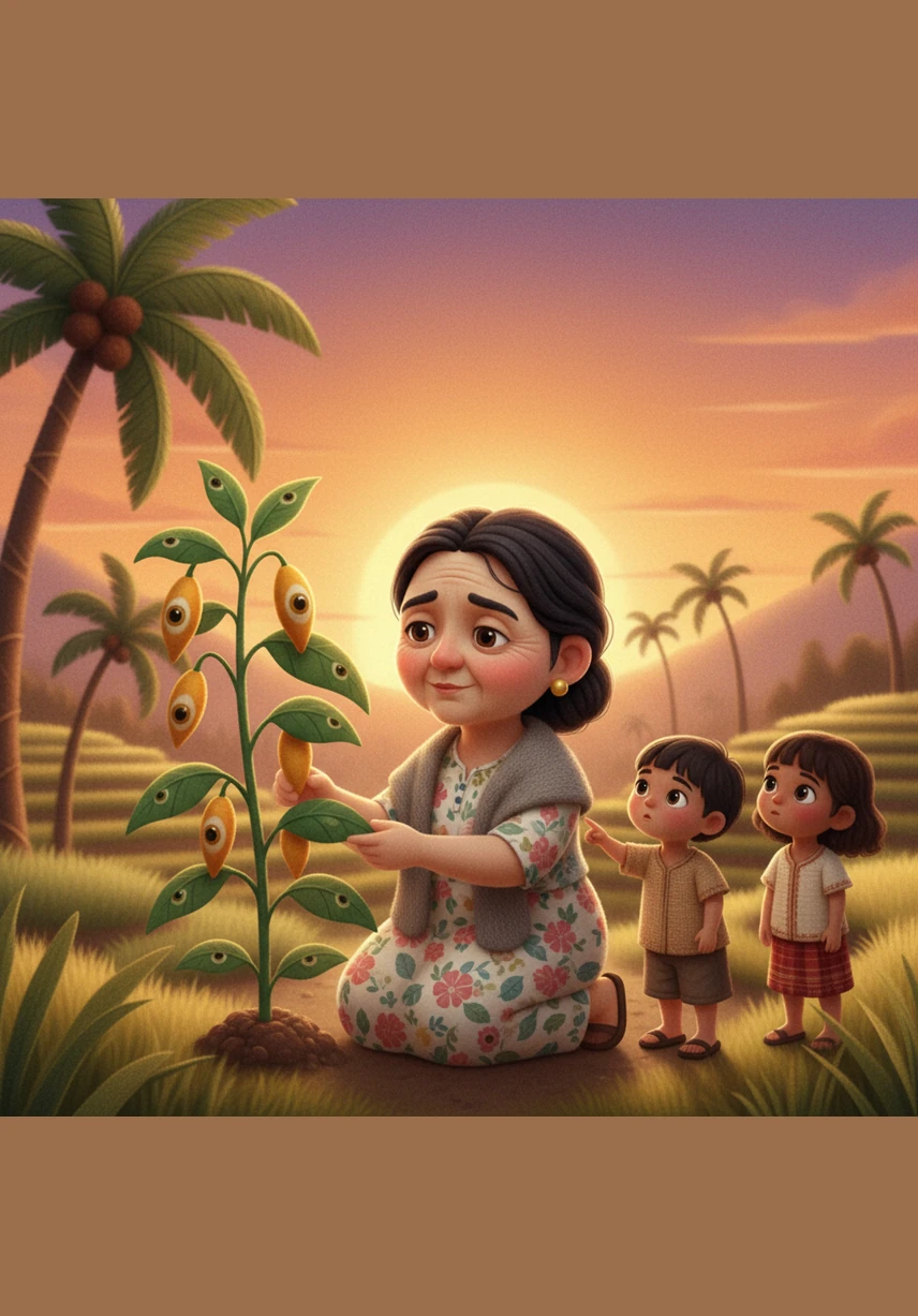 Under the soft light of a fading sunset, the mother tends to the unique plant that now carries her daughter's spirit. This legend serves as a timeless