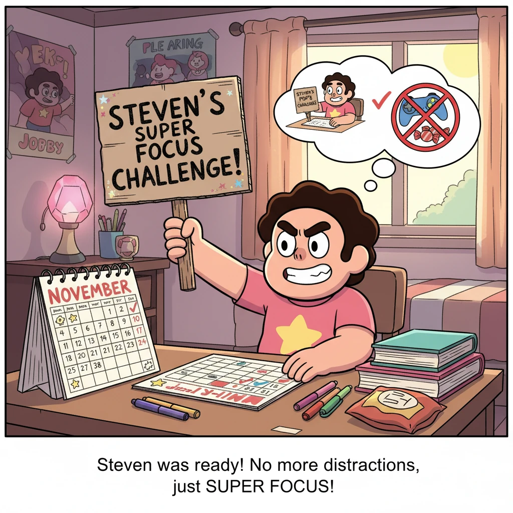 Steven, with a determined expression, sits at his desk, a calendar for November open before him. He holds a handmade sign proudly announcing "Steven's