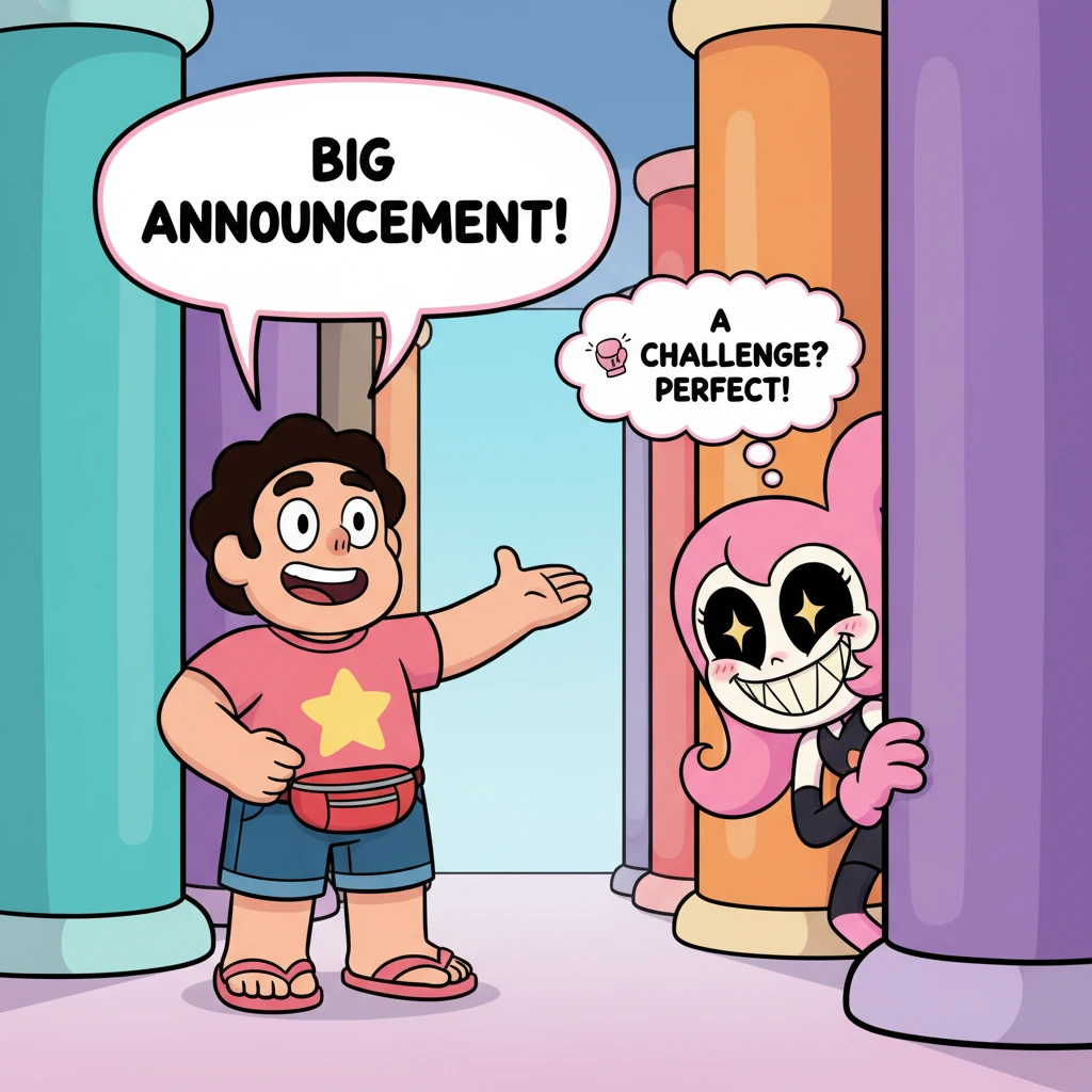 Peeking from behind a brightly colored pillar, Spinel's eyes sparkle with mischief as she overhears Steven's big announcement. A mischievous grin spre