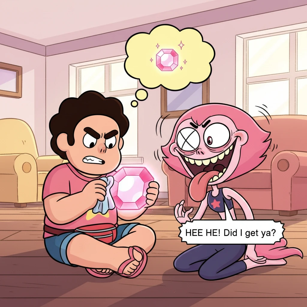 Steven is carefully polishing a shiny gem, his brow furrowed in concentration. Suddenly, Spinel stretches her face into a comically exaggerated grimac