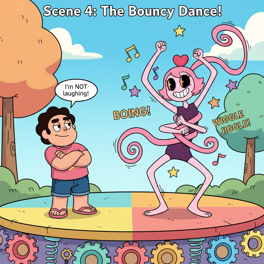 Despite himself, a tiny smile tugs at Steven's lips as he tries to stay serious. Spinel then launches into a bouncy, rubbery dance, her entire body ji