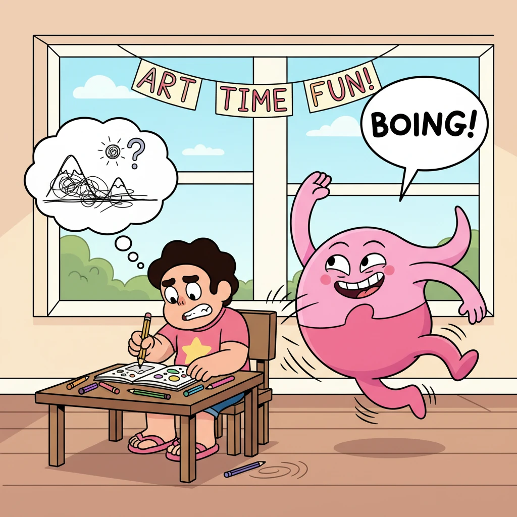 Next, Steven tries to focus on drawing a beautiful landscape. Spinel bounces energetically around him, her large, round form making soft, rhythmic thu