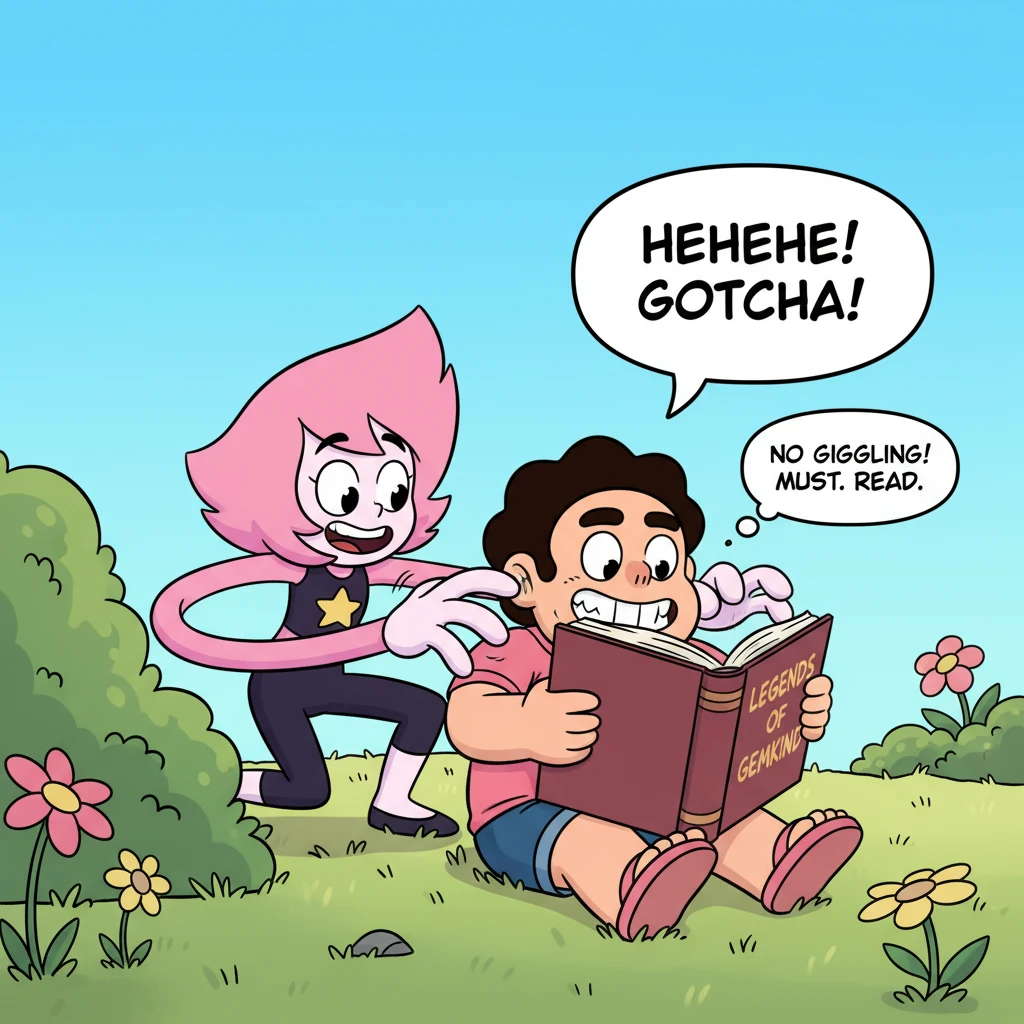 Steven attempts to read a thick book, completely absorbed in its pages. Spinel, with her long, stretchy arms, sneaks up behind him like a playful ninj