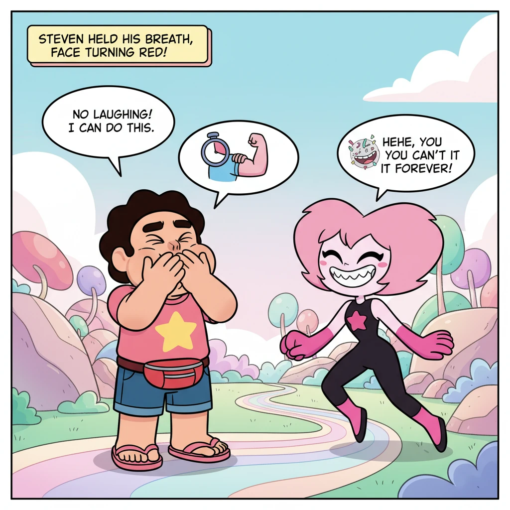 Steven clamps his hands tightly over his mouth, his cheeks puffed out as he fights desperately to suppress his laughter. He squeezes his eyes shut, de