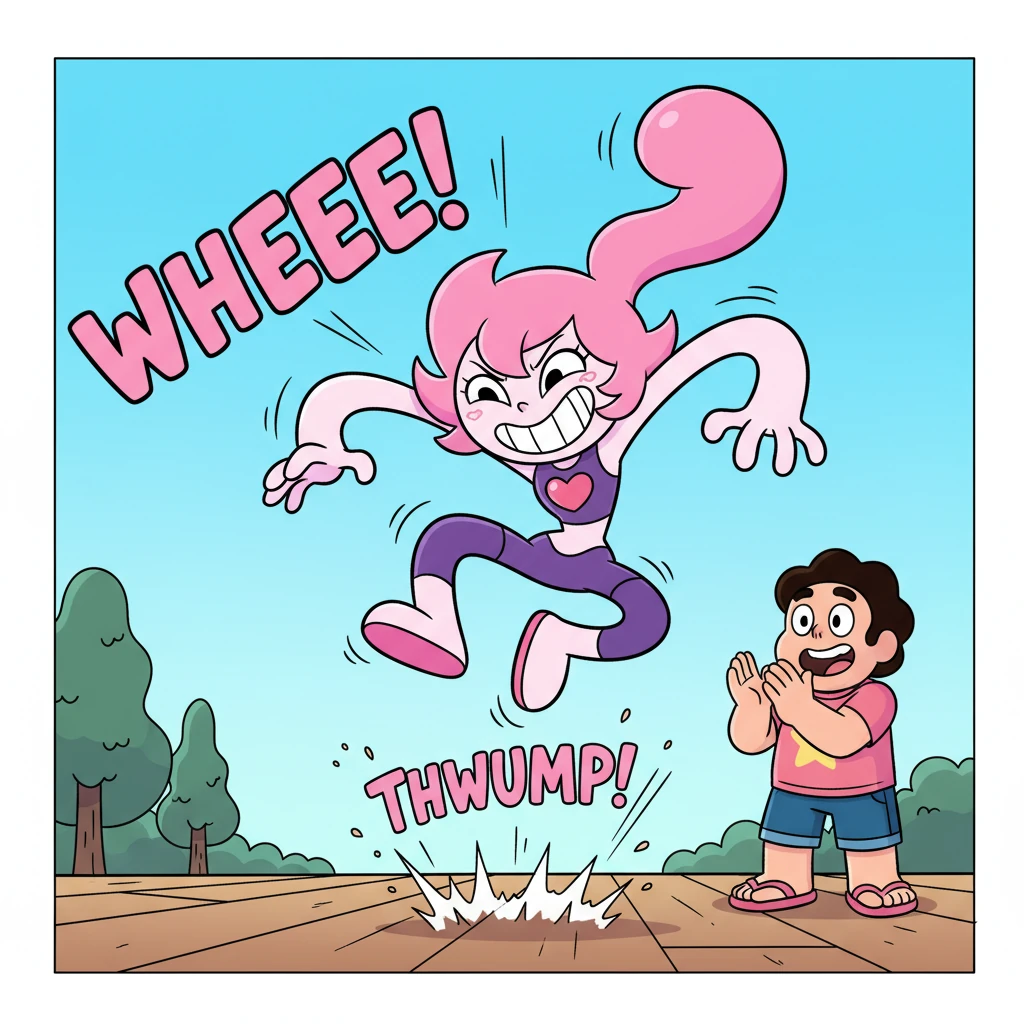 With a grand flourish, Spinel winds up for her most spectacular distraction yet. She takes a huge, elastic leap high into the air, twisting and turnin