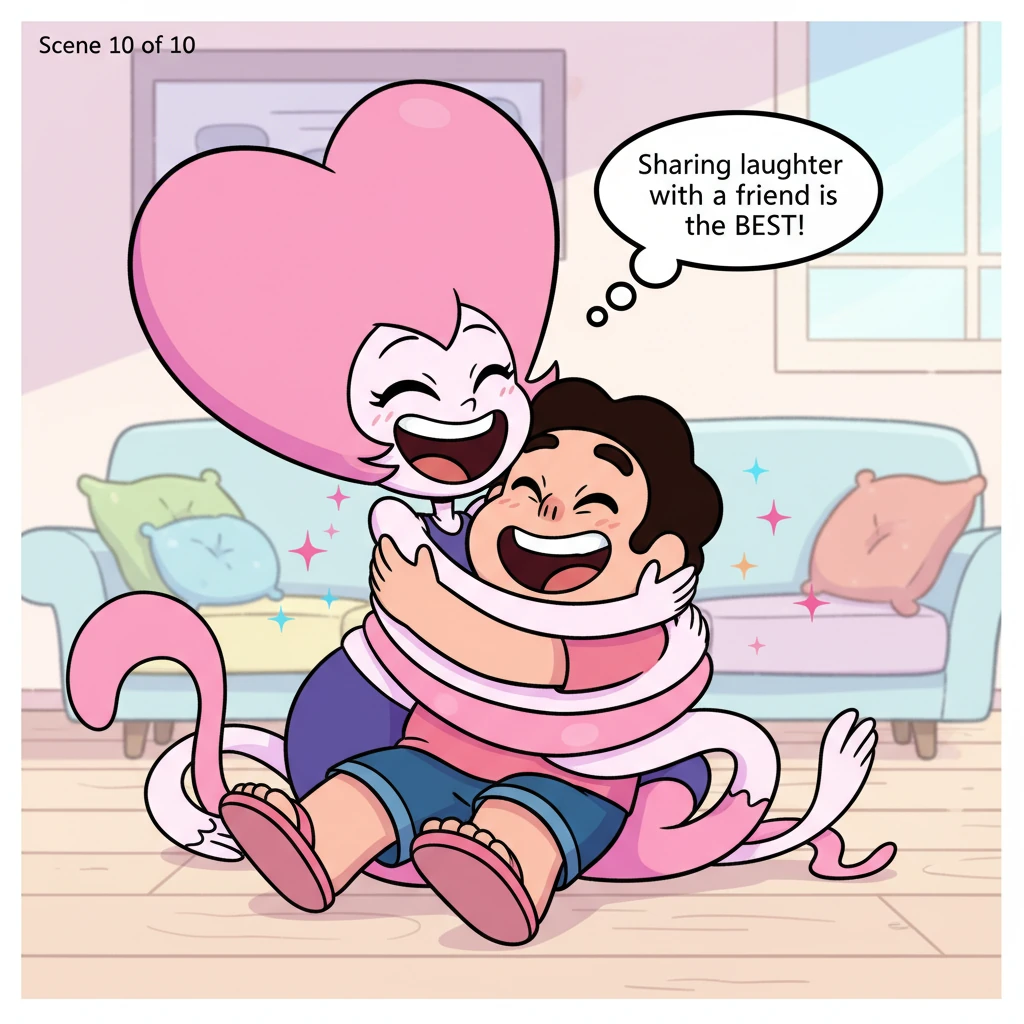 Spinel, beaming with triumph and affection, gives Steven a big, squishy, celebratory hug. They both tumble onto the floor, rolling and laughing togeth