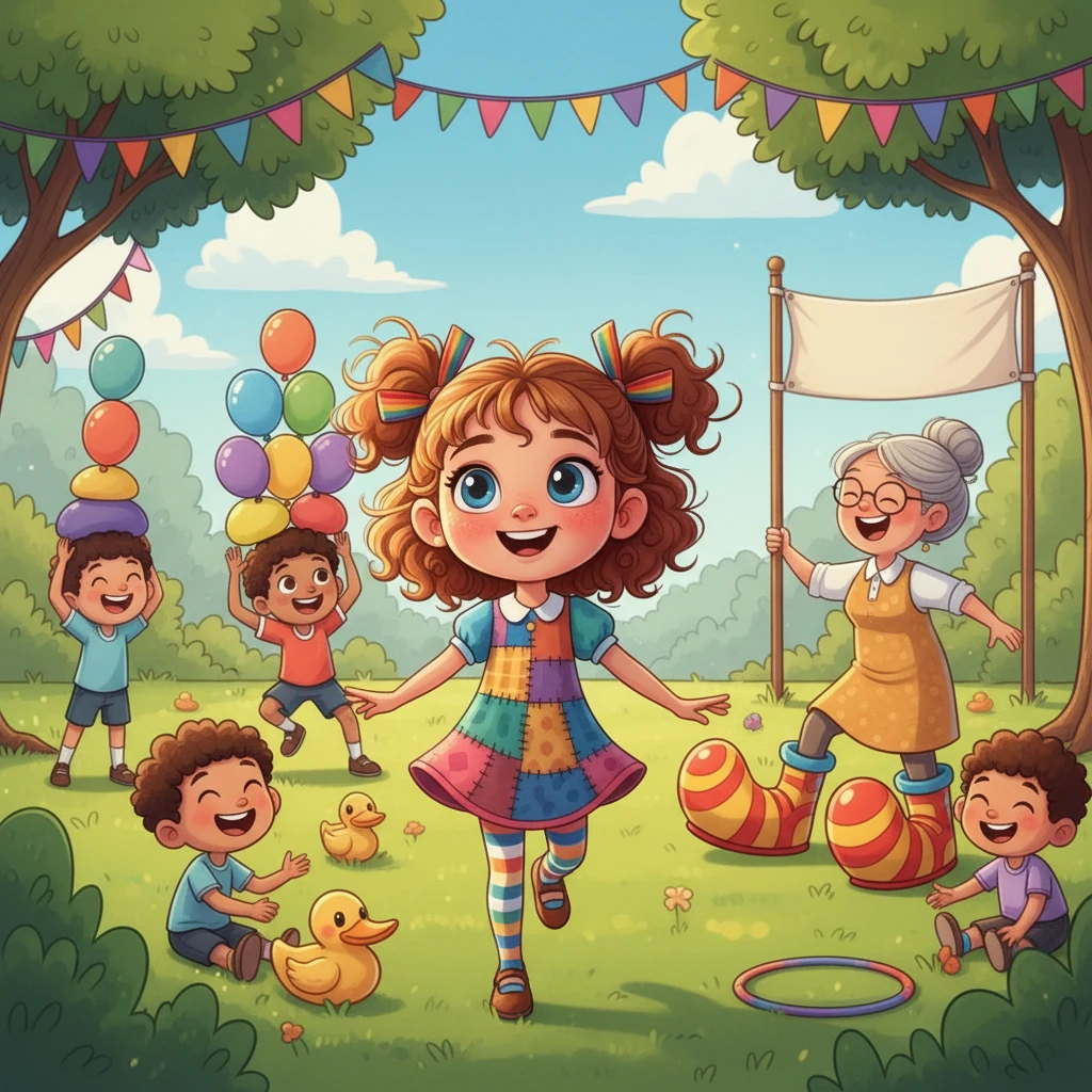 One day, Kanthamma decided to organize a grand 'Silly Olympics'. The games were filled with goofy challenges, like balancing colorful balloons and running races while wearing oversized shoes. Everyone participated with joy.