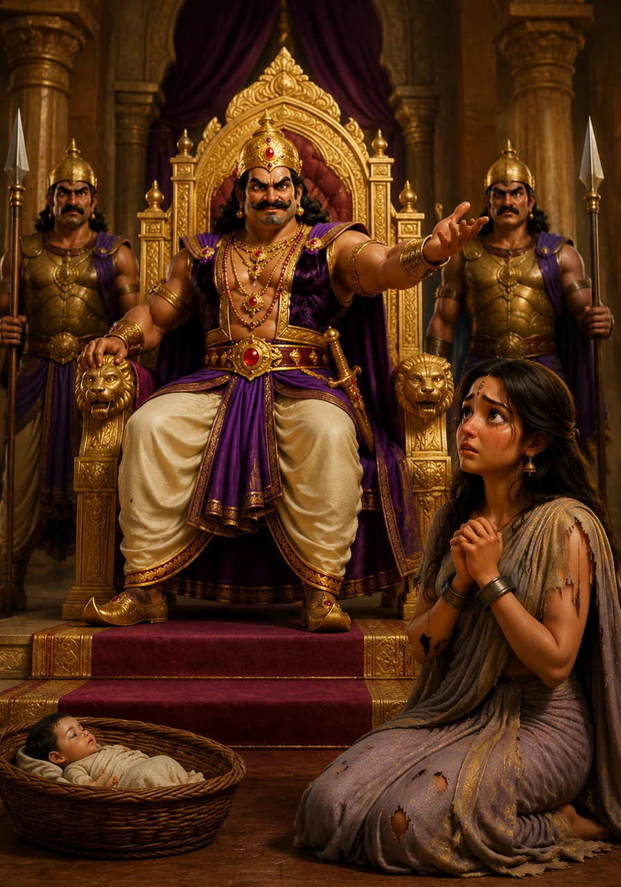 King Kansa sits upon his golden throne in the grand palace of Mathura, his face twisted with arrogance and power. His soldiers stand guard as he declares his absolute rule, unaware that his destiny is about to change forever.
