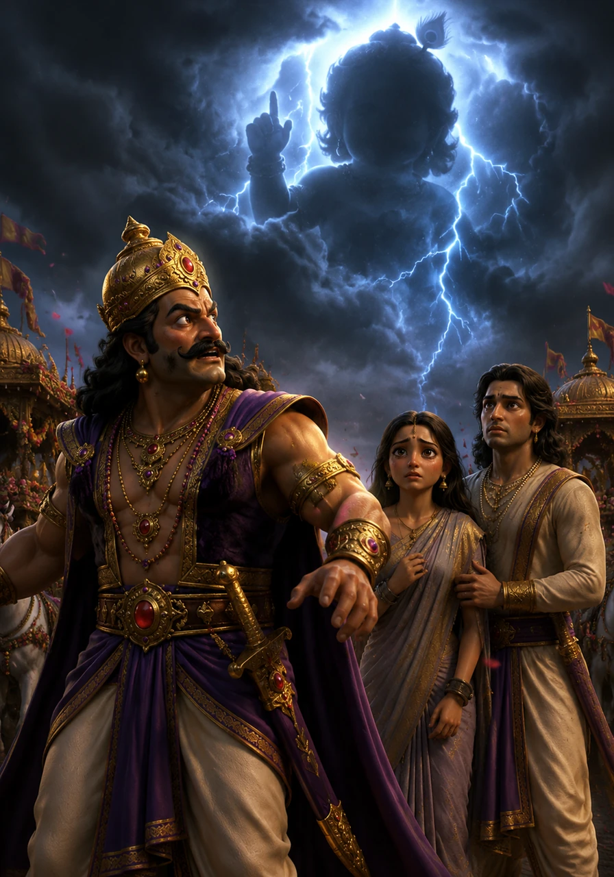 During the wedding procession of Devaki and Vasudev, a thunderous voice echoes from the darkened skies. The prophecy warns the tyrant Kansa that the eighth son of his sister will be the cause of his ultimate destruction.