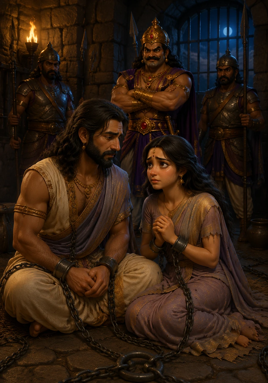 Deep within the cold, stone walls of the Mathura prison, Devaki and Vasudev sit in chains under the watchful eyes of guards. Despite the darkness and their sorrow, they hold onto a flicker of hope for the divine child promised to them.
