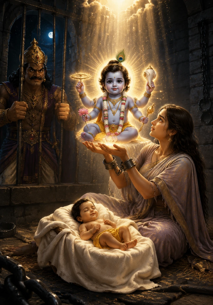 At the stroke of midnight, a brilliant, celestial light illuminates the prison cell as Lord Krishna is born. The divine infant appears with four arms holding sacred symbols before transforming into a beautiful, innocent baby.