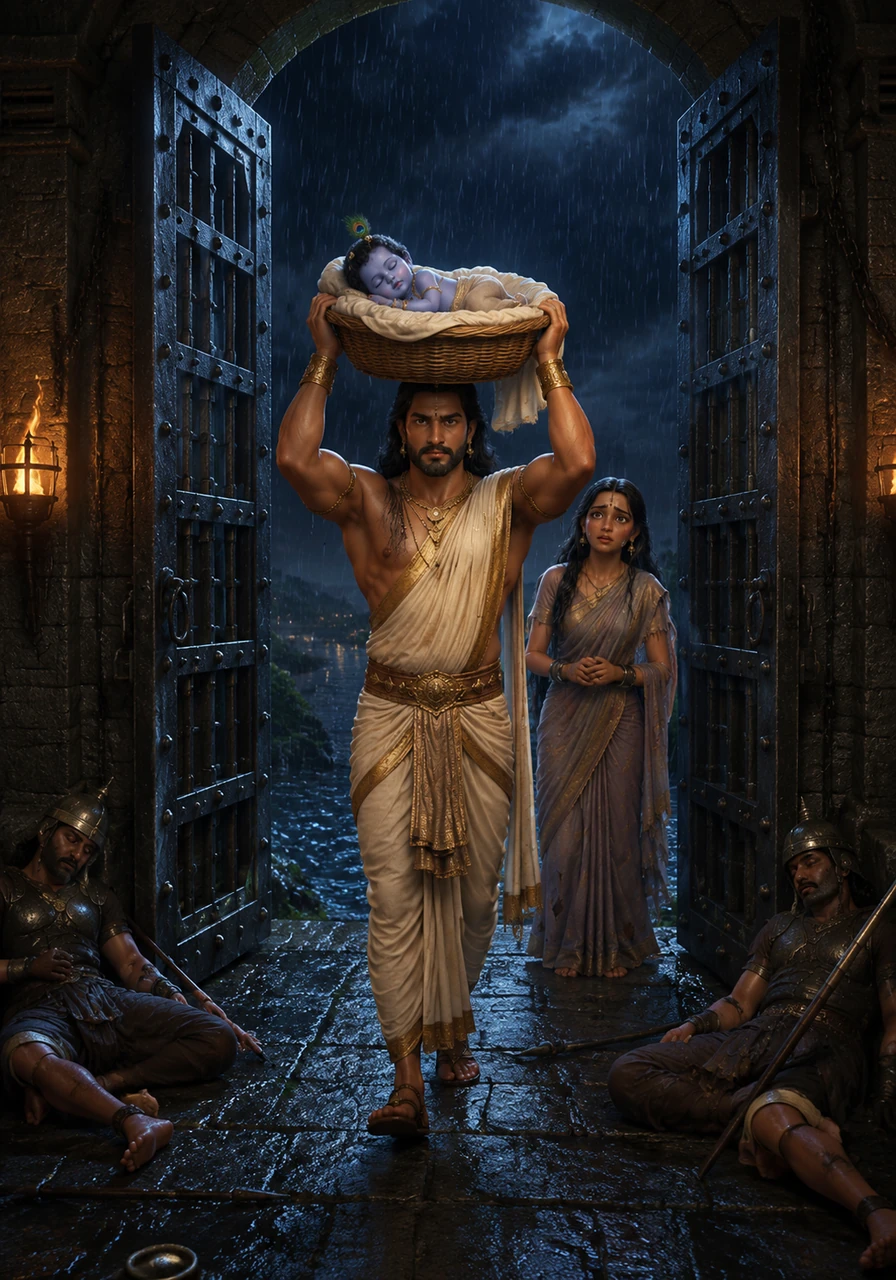 Vasudev carries the newborn Krishna in a wicker basket upon his head, stepping out of the prison as the heavy iron gates miraculously unlock. The guards fall into a deep, supernatural sleep, allowing the father and son to escape into the rainy night.