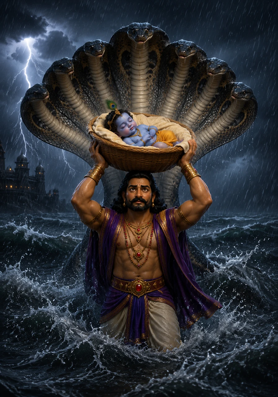 Amidst a fierce storm, Vasudev wades through the raging waters of the Yamuna River. The mighty serpent Sheshnag emerges from the depths, spreading his many hoods like an umbrella to protect the infant Lord from the torrential rain.