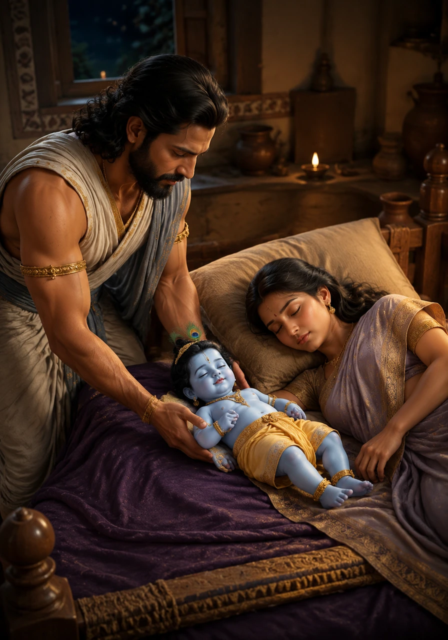 In the peaceful village of Gokul, Vasudev quietly enters the home of Nanda and Yashoda. He gently places baby Krishna beside the sleeping Yashoda, fulfilling the divine plan to keep the child safe from Kansa's reach.