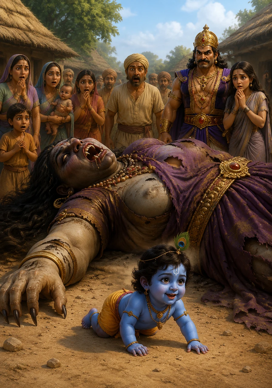 The wicked demoness Putana, sent by Kansa to harm the children of Gokul, lies defeated in her true, towering monstrous form. The infant Krishna remains unharmed, crawling playfully in the dust of the courtyard as the villagers look on in awe.