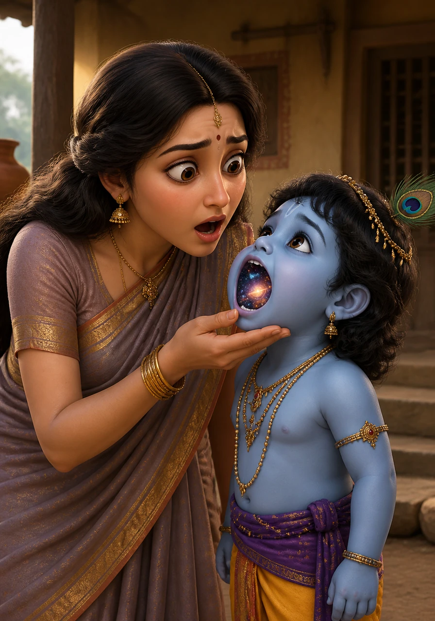 Mother Yashoda asks little Krishna to open his mouth to check if he has been eating dirt. As he obeys, she is stunned to see the entire universe—shining stars, swirling galaxies, and vast oceans—contained within the small child.