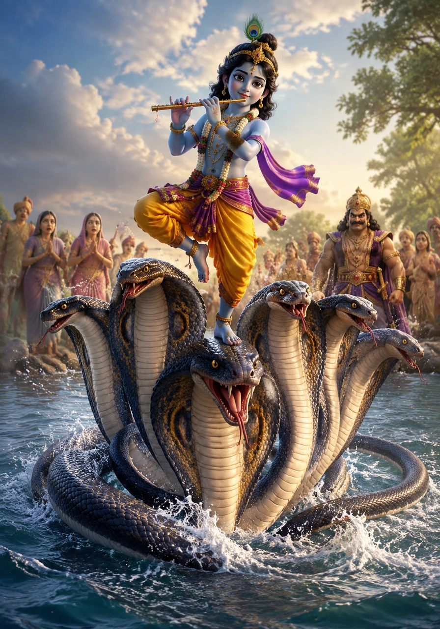 Young Krishna leaps into the poisonous depths of the Yamuna River to subdue the multi-headed serpent Kaliya. He emerges triumphantly, dancing upon the serpent's hoods while playing his flute, bringing peace back to the waters of Gokul.