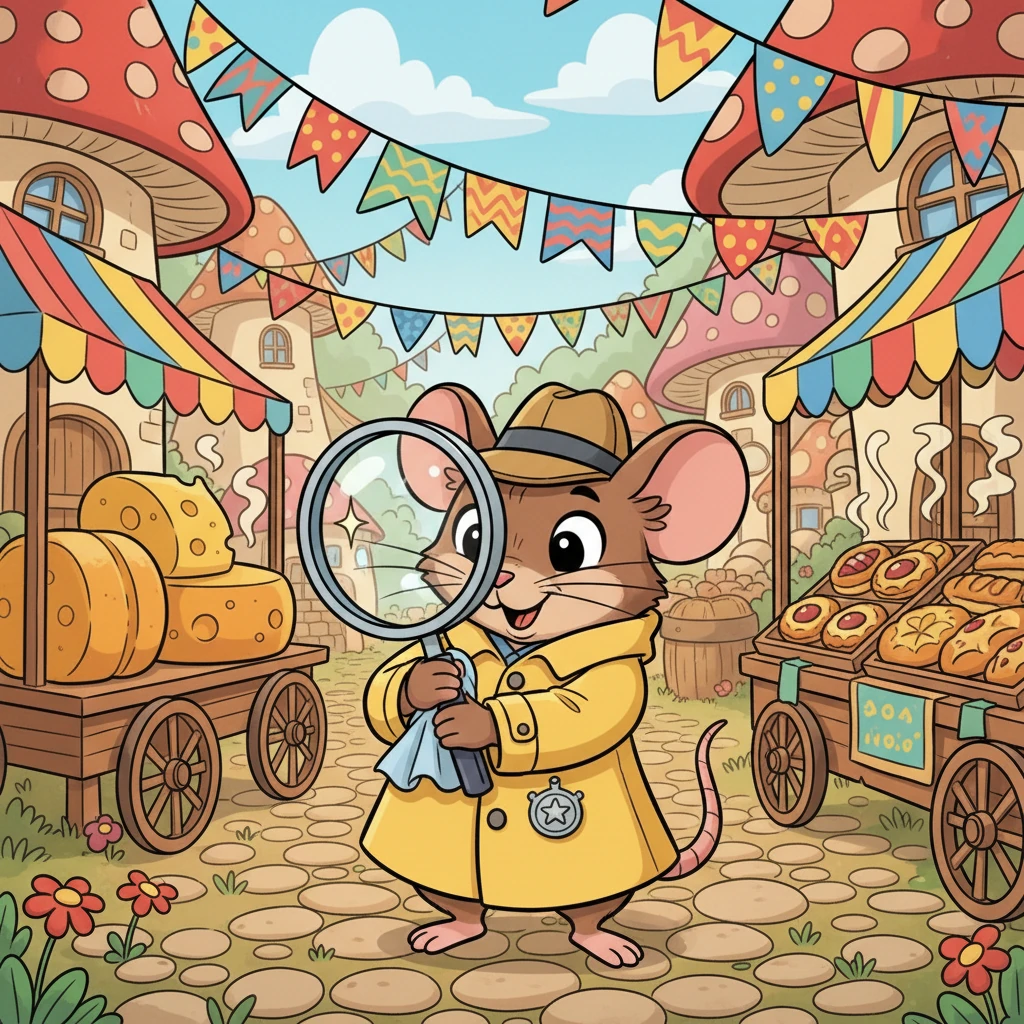 In the whimsical town of Whiskerwood Hollow, preparations for the annual Cheese Festival were buzzing! Colorful banners fluttered, and the scent of delicious treats filled the air. Our hero, Detective Millie, a tiny mouse with an oversized magnifying glass, carefully polished her badge, ready for any challenge.