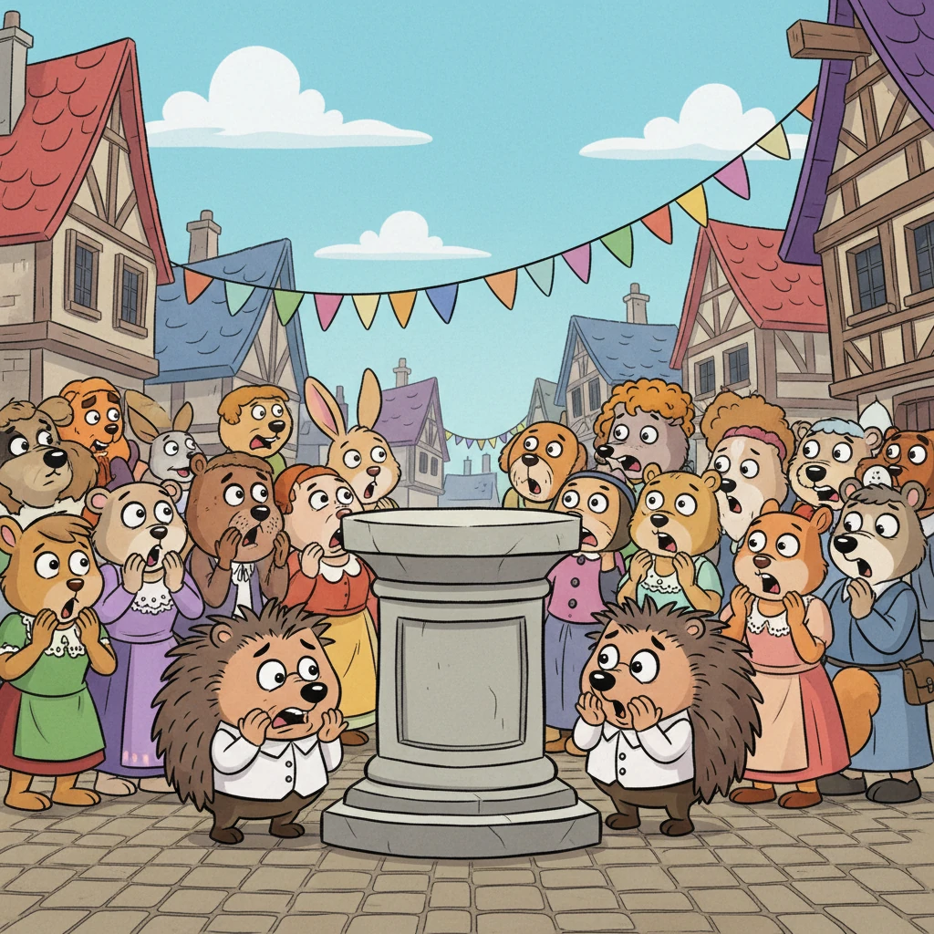 Suddenly, a collective gasp swept through the town square. The magnificent, prize-winning Golden Gouda, the star attraction of the festival, had vanished from its pedestal! Mayor Higgins the Hedgehog wrung his paws in despair, and the townsfolk huddled in a worried crowd.