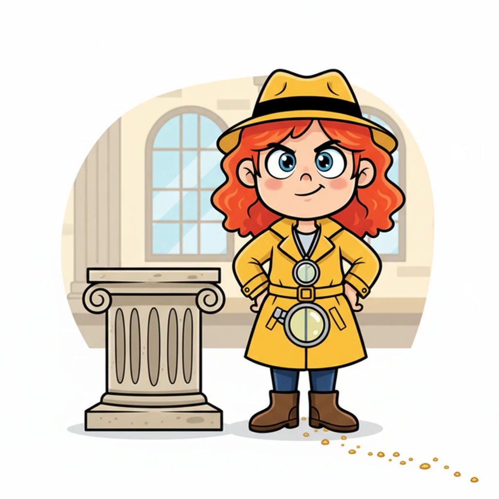 Millie, calm and collected, approached the empty pedestal. She lowered her magnifying glass, spotting a faint trail of tiny, golden crumbs leading away from the scene. 'Aha!' she squeaked, a determined glint in her eye. 'The plot thickens, or rather, the cheese thins!'