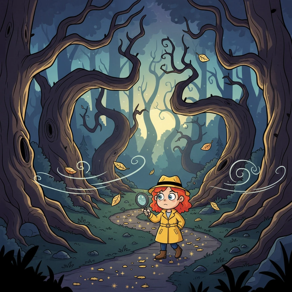 Following the crumb trail, Millie bravely ventured into the Whispering Woods, where ancient trees loomed large and their branches twisted into spooky shapes. The path grew darker and windier, but Millie's courage never wavered. She knew a good detective never gives up!