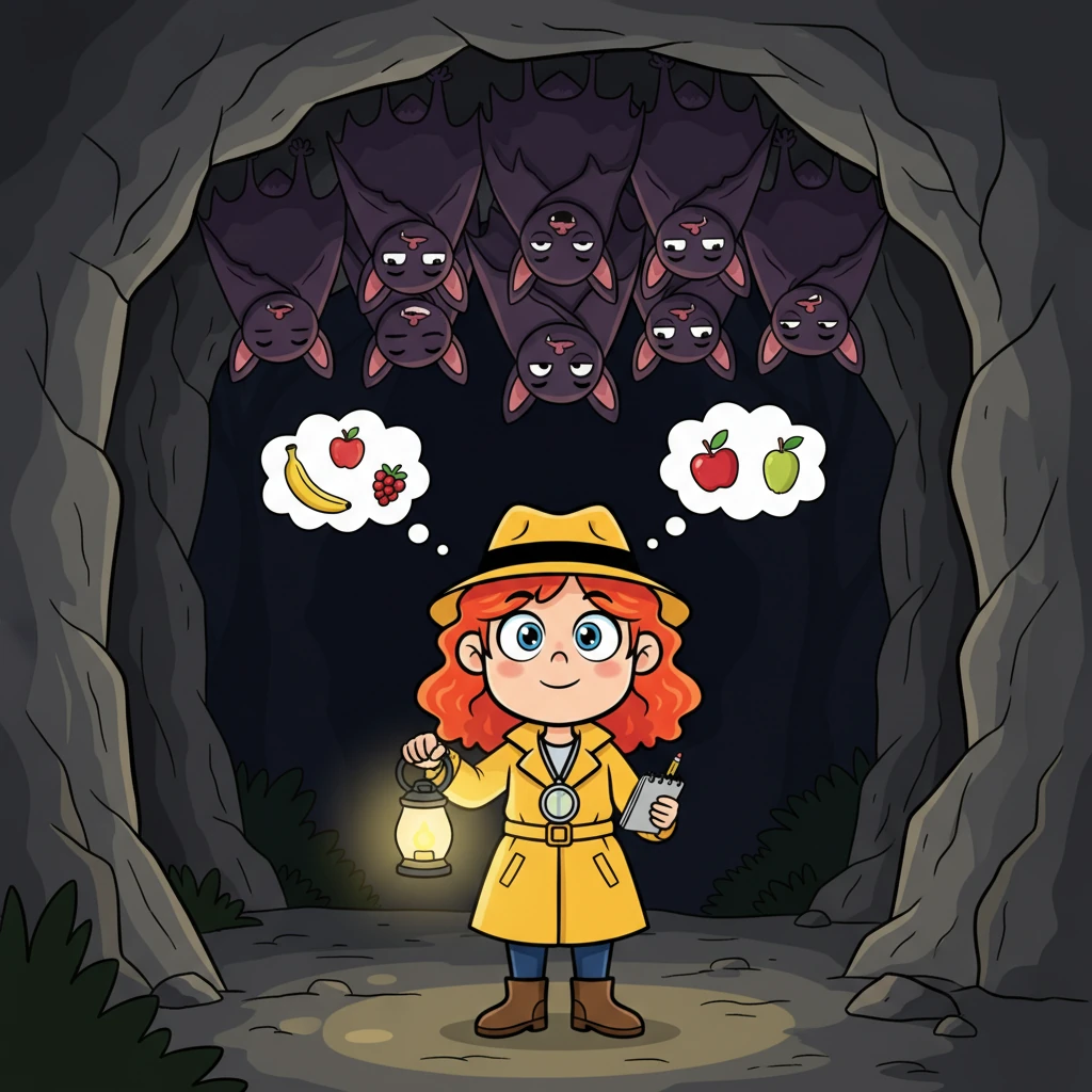 Deep inside the woods, the trail led to a cavern. Inside, a group of sleepy bats hung upside down, their wings folded like cloaks. They looked quite suspicious in the dim light, but Millie quickly realized they were just dreaming of tasty fruit, not stealing cheese.