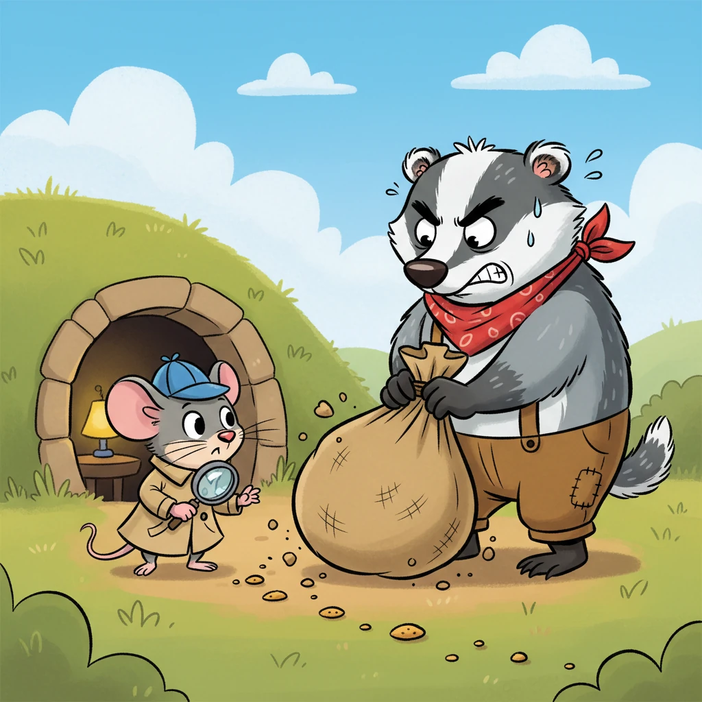 The crumbs continued, leading Millie to a grumpy-looking Badger named Bartholomew, who was tugging at a huge, lumpy sack. Bartholomew grumbled about a 'heavy load' blocking his path to his comfy burrow. Millie's whiskers twitched with suspicion.